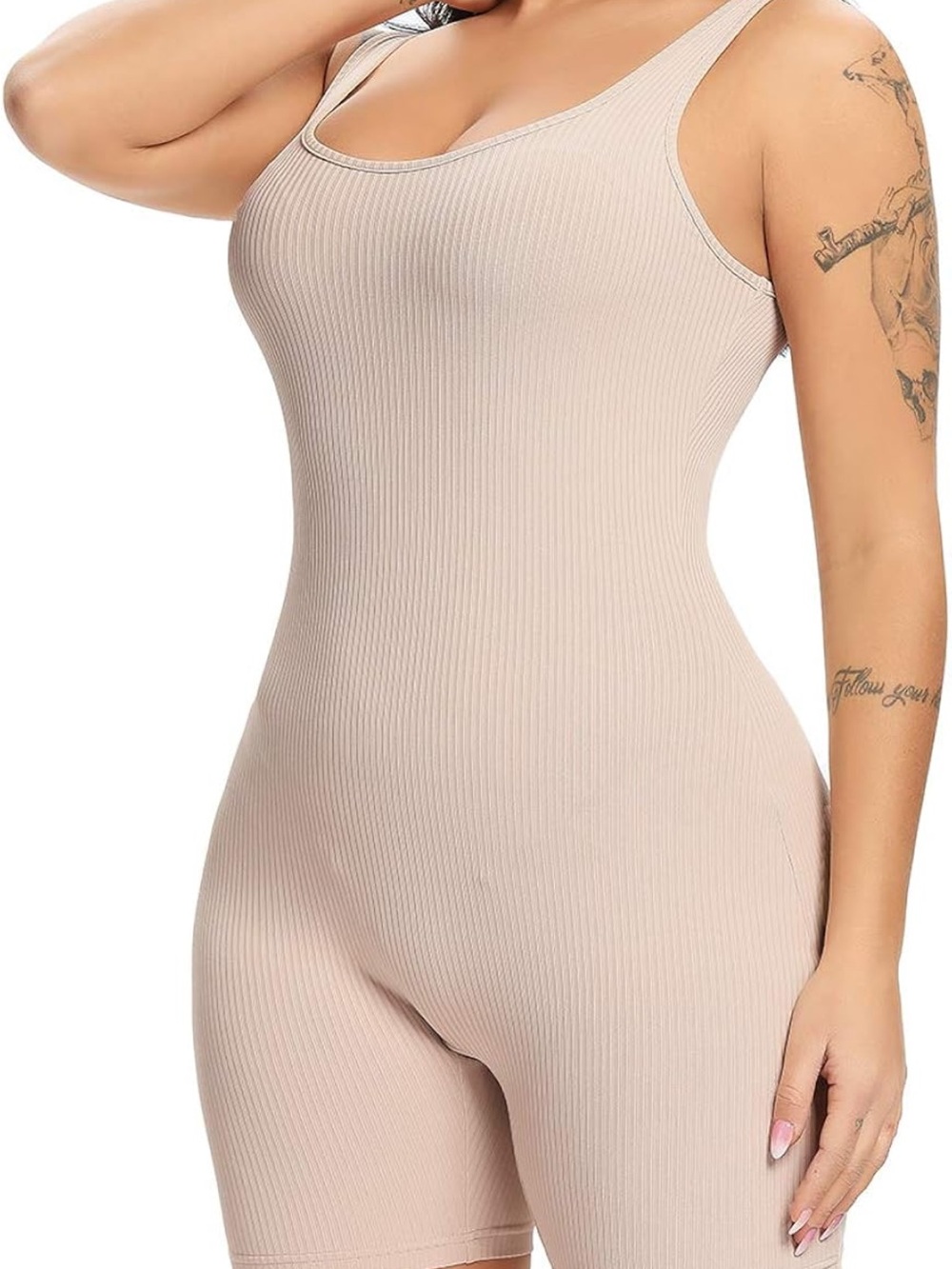 Ribbed Beige Scoop-Neck Bodysuit Romper Size Small
